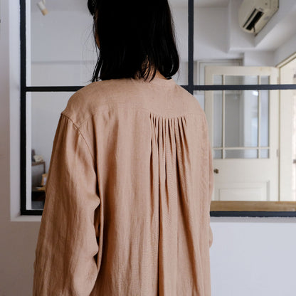 ［SALUÉ］バンドカラー長袖シャツドレス／ミッドウェイトリネン
