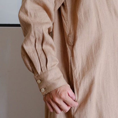 ［SALUÉ］バンドカラー長袖シャツドレス／ミッドウェイトリネン