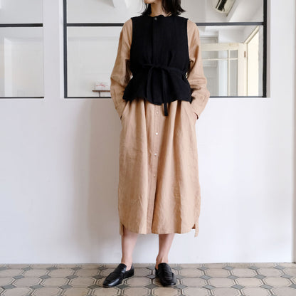 ［SALUÉ］バンドカラー長袖シャツドレス／ミッドウェイトリネン