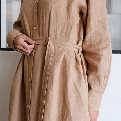 ［SALUÉ］バンドカラー長袖シャツドレス／ミッドウェイトリネン