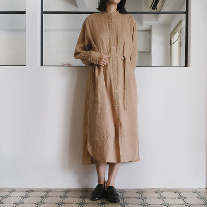 ［SALUÉ］バンドカラー長袖シャツドレス／ミッドウェイトリネン