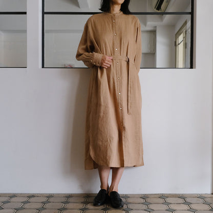 ［SALUÉ］バンドカラー長袖シャツドレス／ミッドウェイトリネン