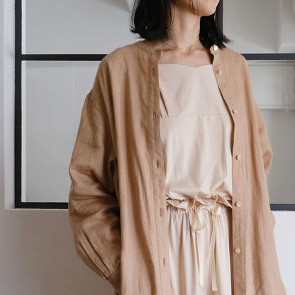 ［SALUÉ］バンドカラー長袖シャツドレス／ミッドウェイトリネン