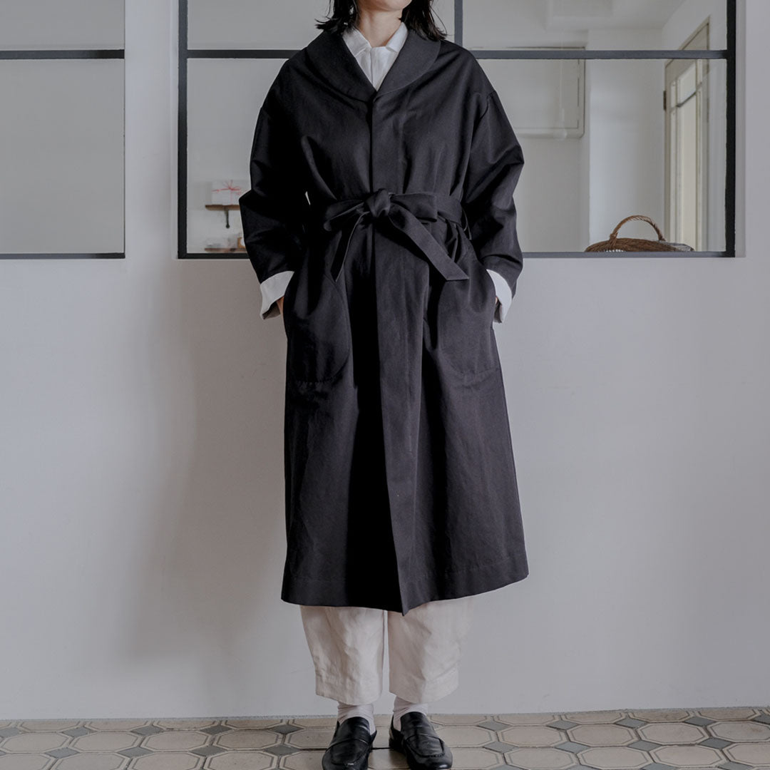 ［SALUÉ］ショールカラースリットコート／コットンリネンカルゼ