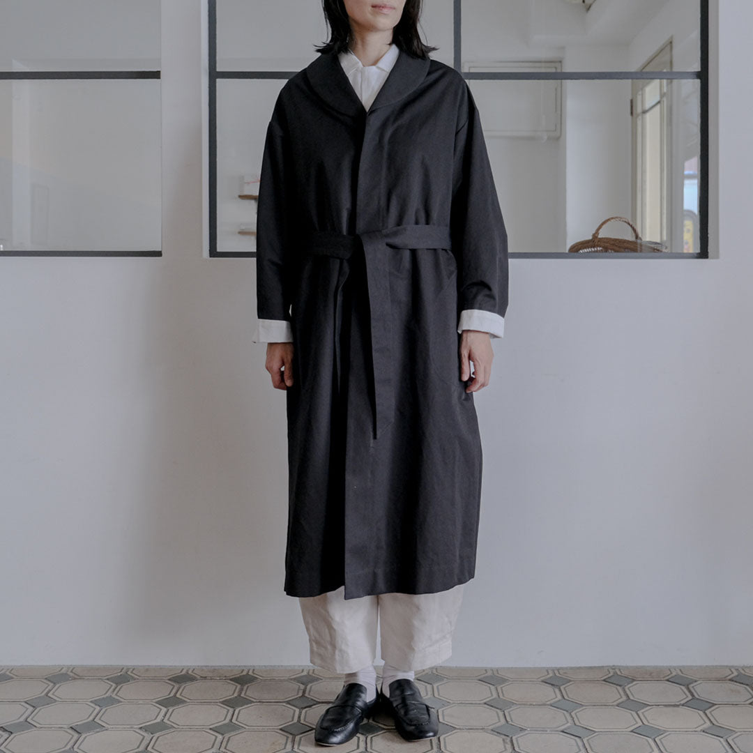 ［SALUÉ］ショールカラースリットコート／コットンリネンカルゼ