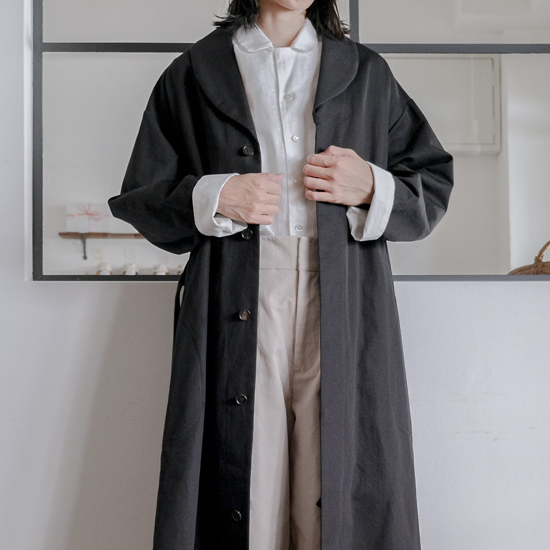 ［SALUÉ］ショールカラースリットコート／コットンリネンカルゼ