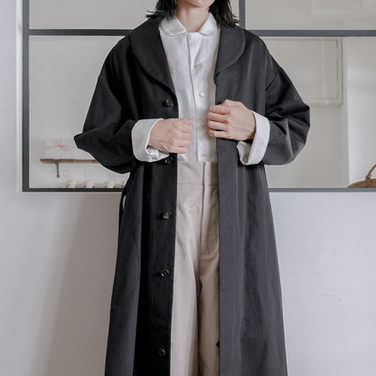 ［SALUÉ］ショールカラースリットコート／コットンリネンカルゼ