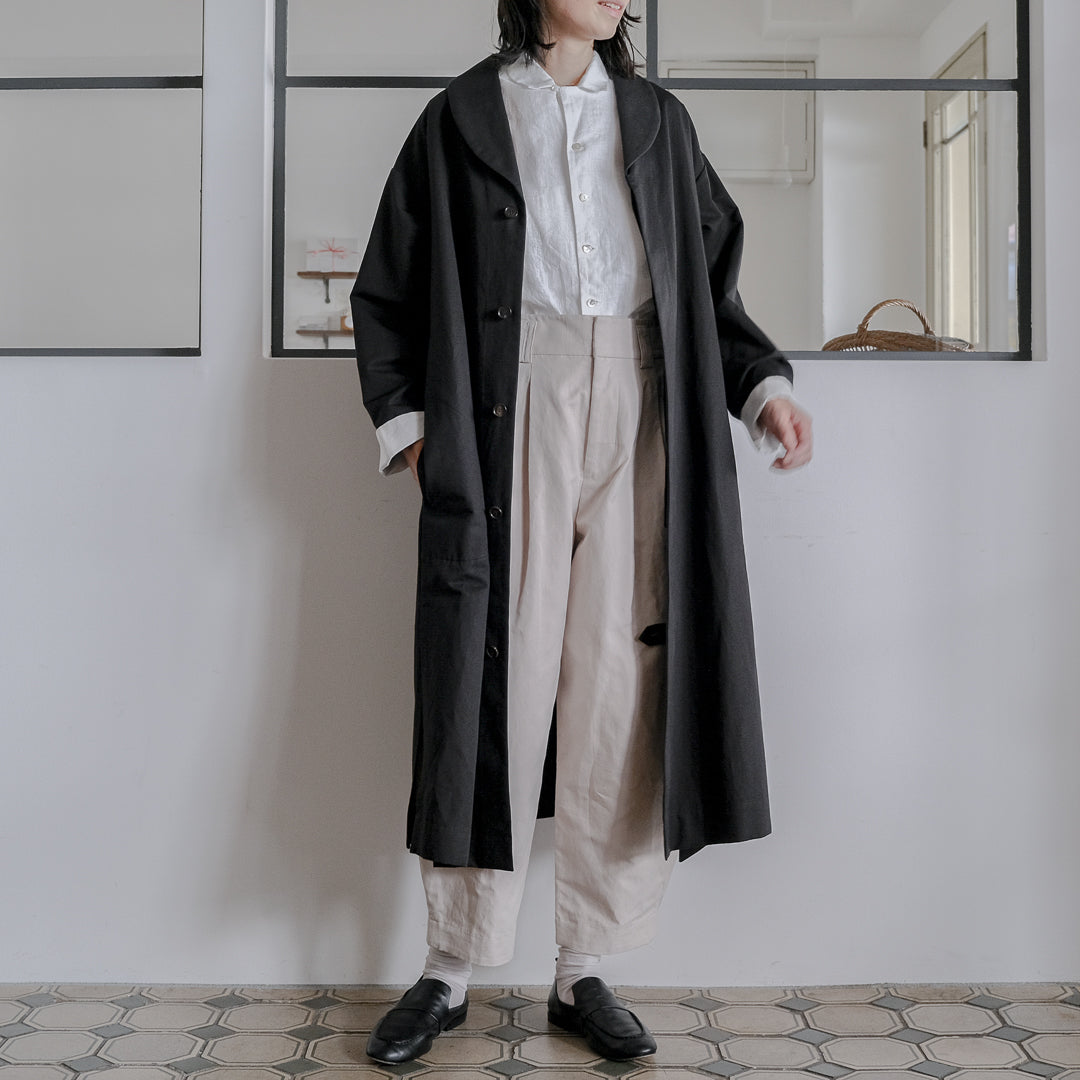 ［SALUÉ］ショールカラースリットコート／コットンリネンカルゼ