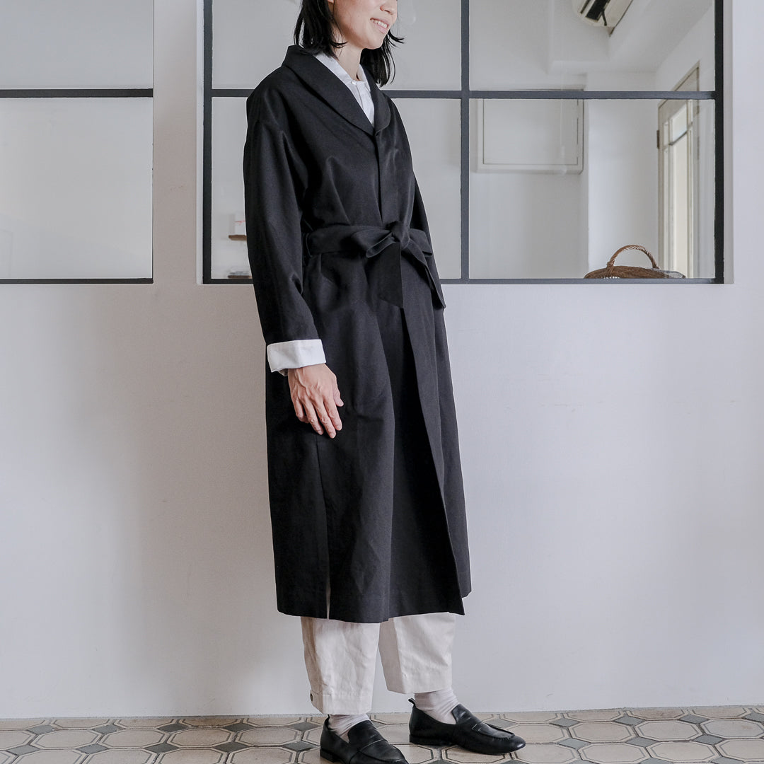 ［SALUÉ］ショールカラースリットコート／コットンリネンカルゼ