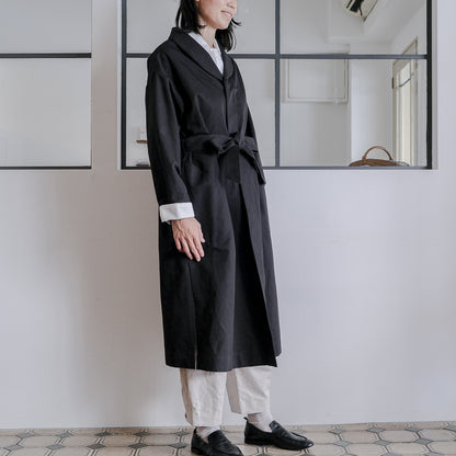 ［SALUÉ］ショールカラースリットコート／コットンリネンカルゼ