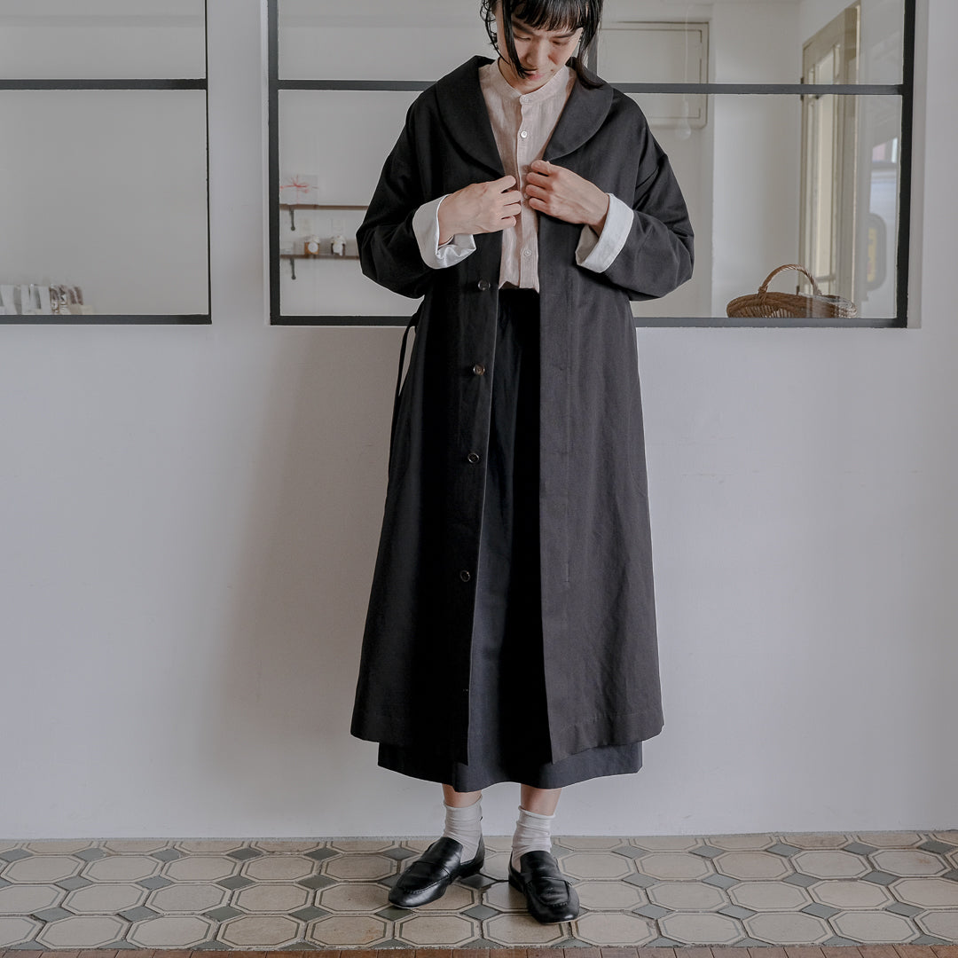 ［SALUÉ］ショールカラースリットコート／コットンリネンカルゼ