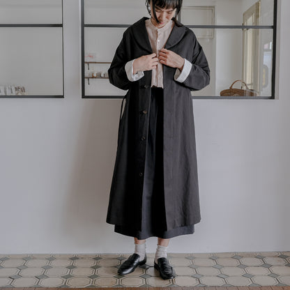 ［SALUÉ］ショールカラースリットコート／コットンリネンカルゼ