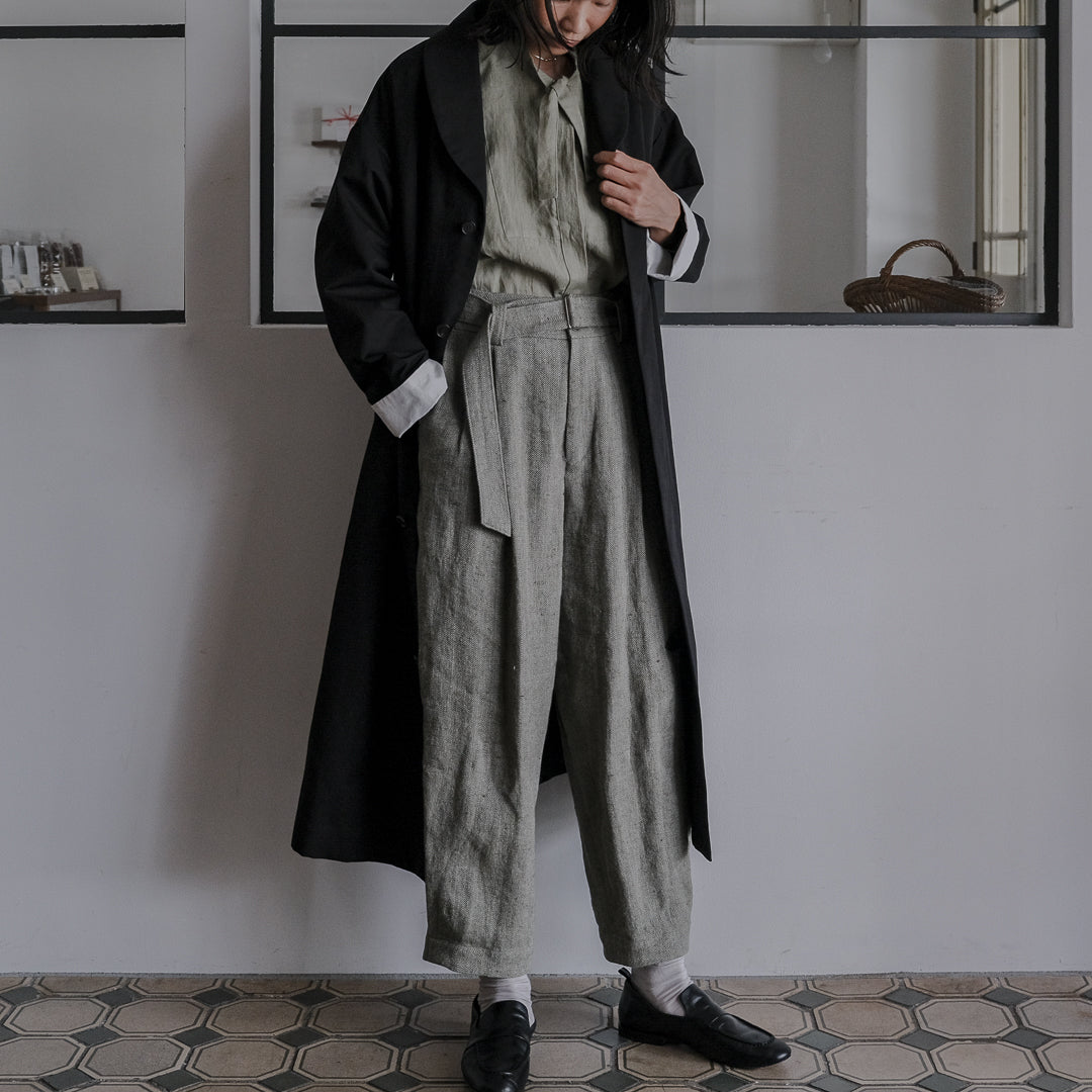 ［SALUÉ］ショールカラースリットコート／コットンリネンカルゼ
