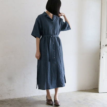 ［SALUÉ］ハーフスリーブオープンカラーシャツドレス／ミッドウェイトリネン