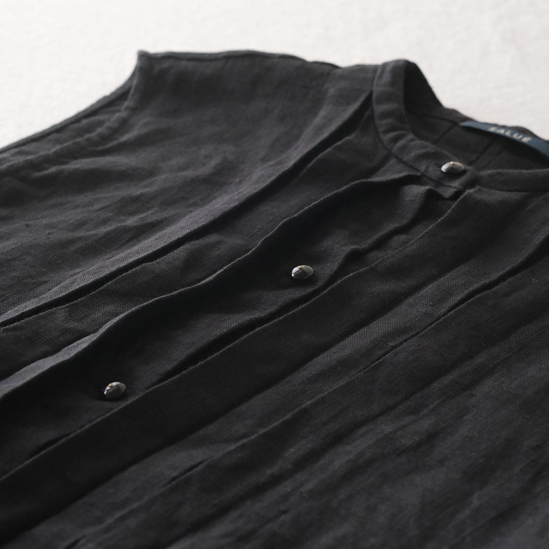 ［SALUÉ］ピンタックノースリーブドレス／ミッドウェイトリネン