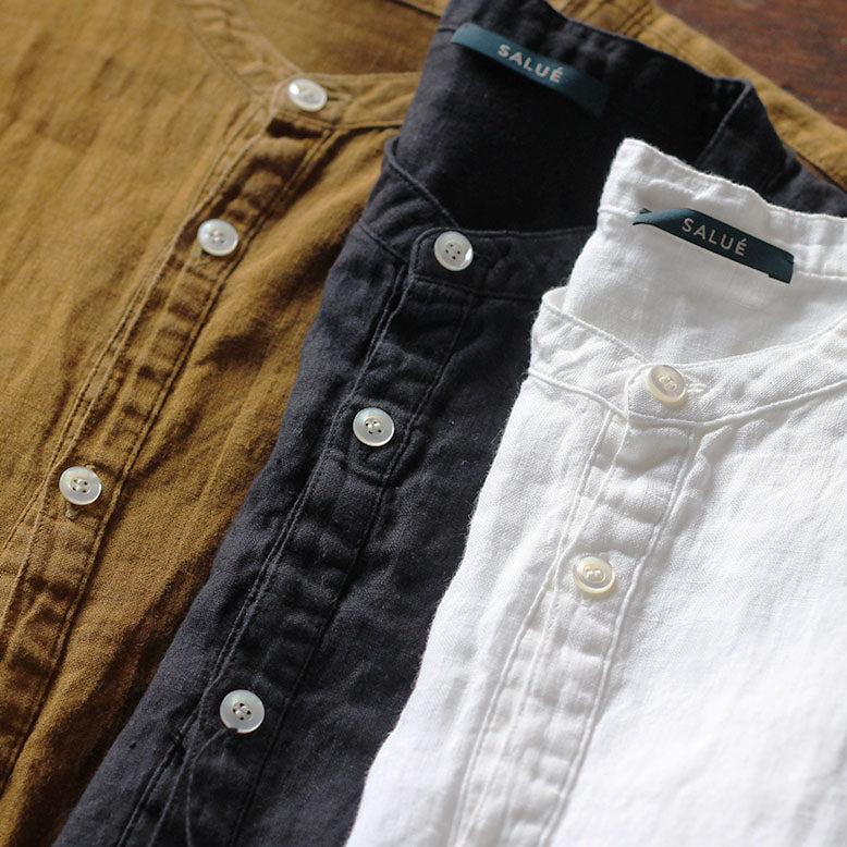 SALUÉ／ユニセックスバンドカラーシャツ／ライトウェイトリネン